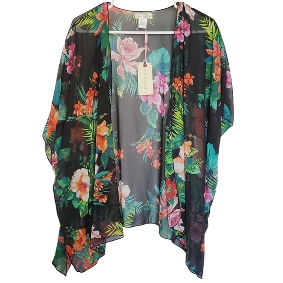1360 * Band of Gypsies Tropical Sheer Kimono Black Green Size M/L NWT - Picture 1 of 6